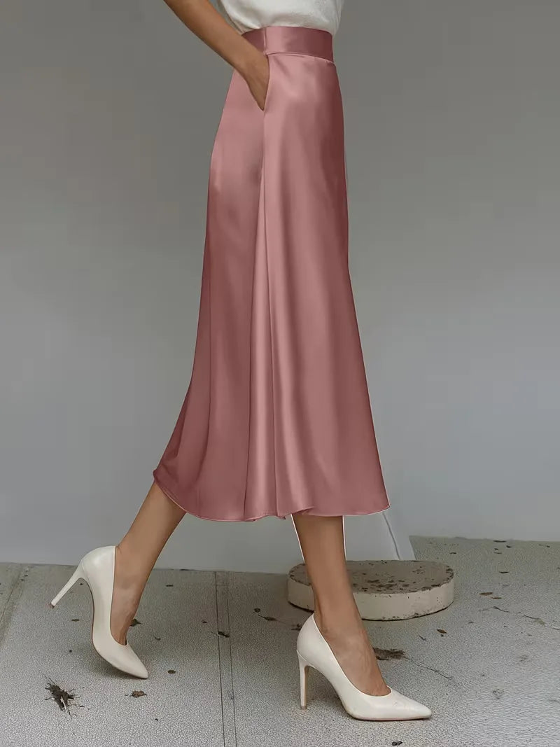 Satin Midi Skirt with High Waist