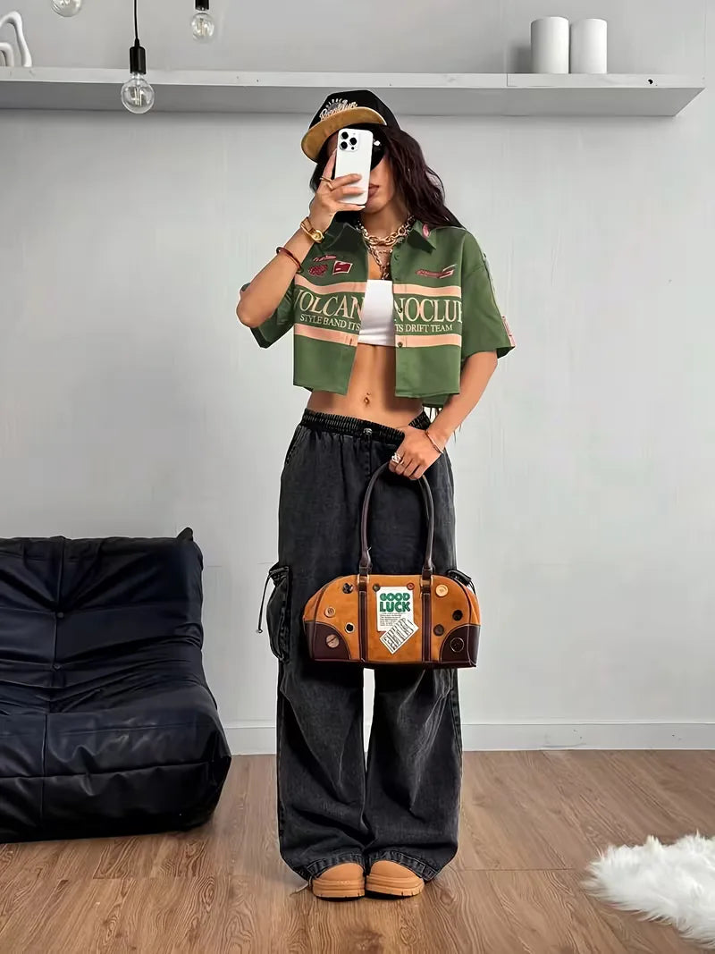 Cropped shirt with mandarin collar