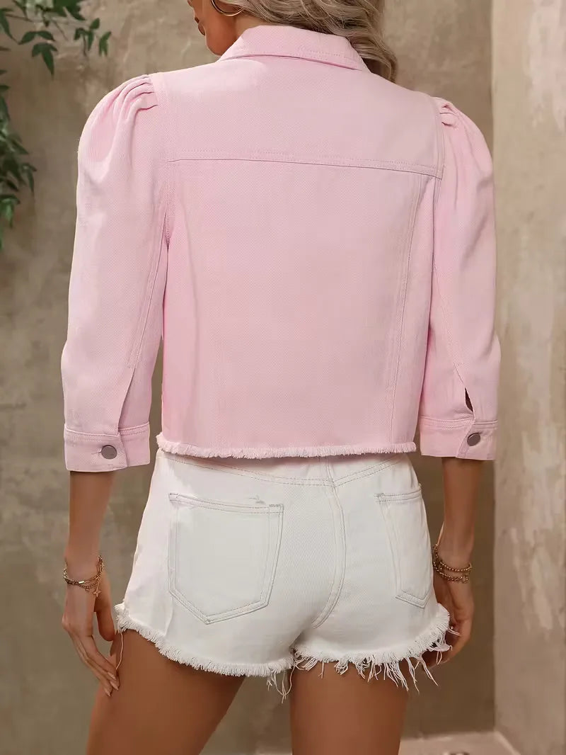 Denim Jacket with Frayed Hem