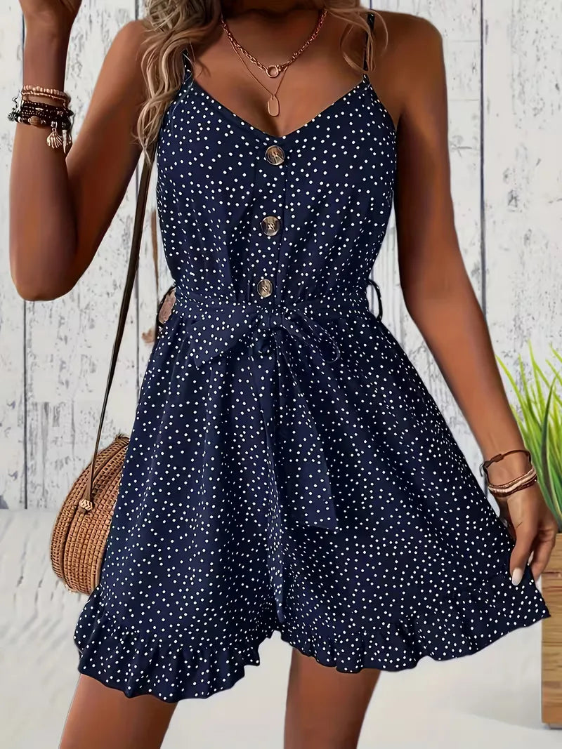 Playsuit with polka dots and V-neck