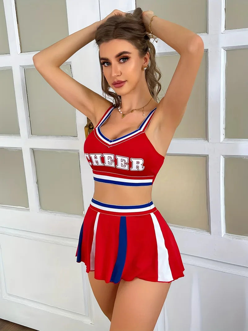 Cheerleader uniform with sporty top and short skirt
