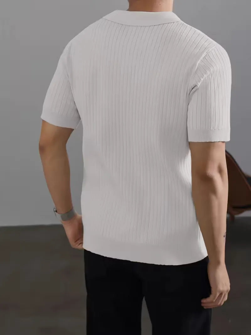 Polo with V-neck and ribbed texture