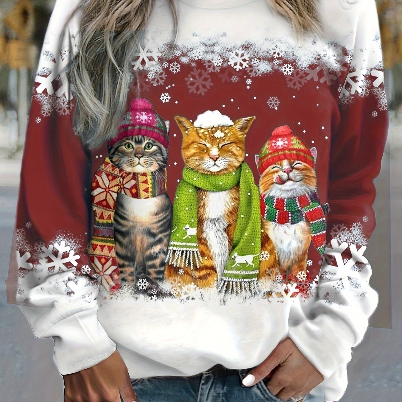 Kitty | Casual Christmas Cat Print Sweatshirt