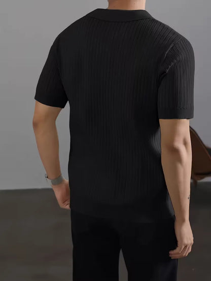Polo with V-neck and ribbed texture