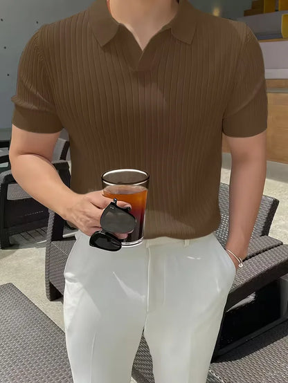 Polo with V-neck and ribbed texture