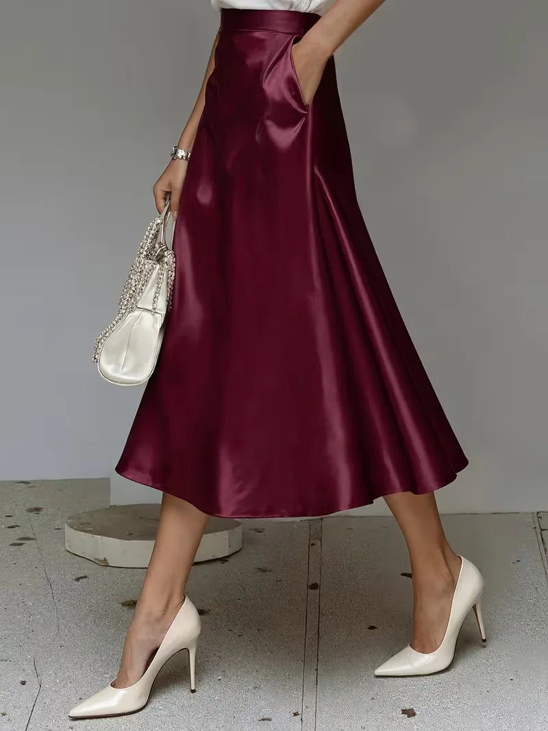 Satin Midi Skirt with High Waist