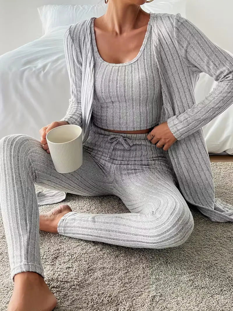 Three-piece set with cardigan