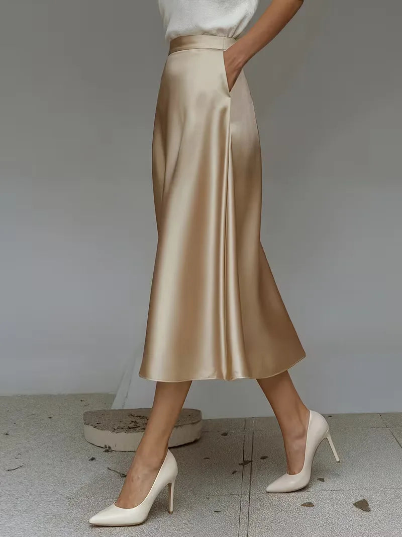 Satin Midi Skirt with High Waist