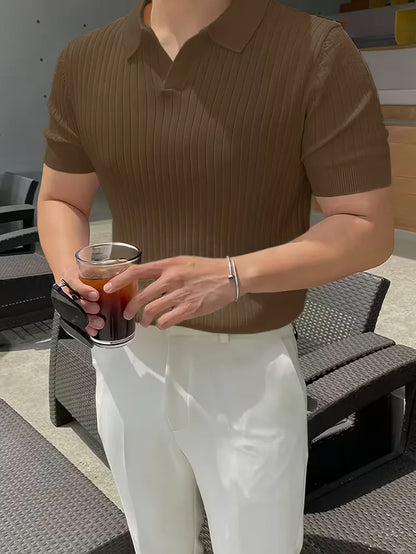 Polo with V-neck and ribbed texture