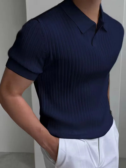 Polo with V-neck and ribbed texture