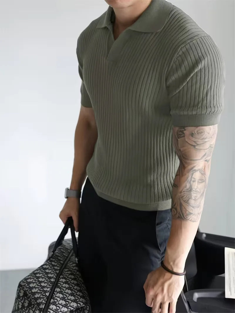 Polo with V-neck and ribbed texture