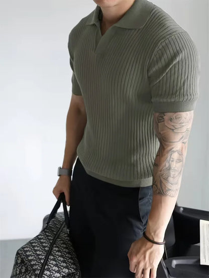 Polo with V-neck and ribbed texture