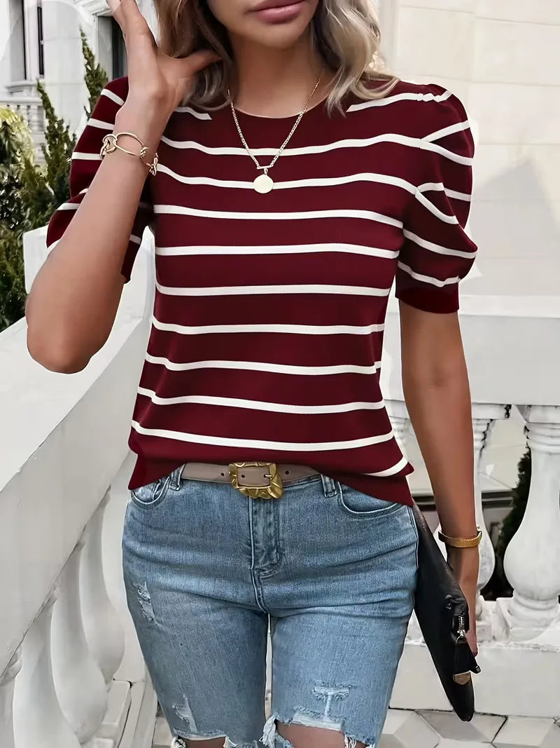 Ladies' T-shirt with Stripes and Puffed Sleeves