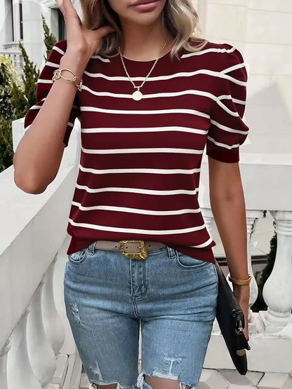 Women's striped T-shirt with puffed sleeves