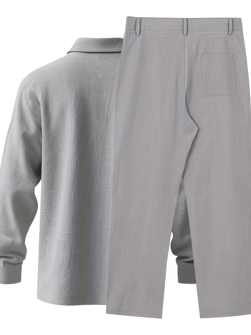 Linen suit with mandarin collar
