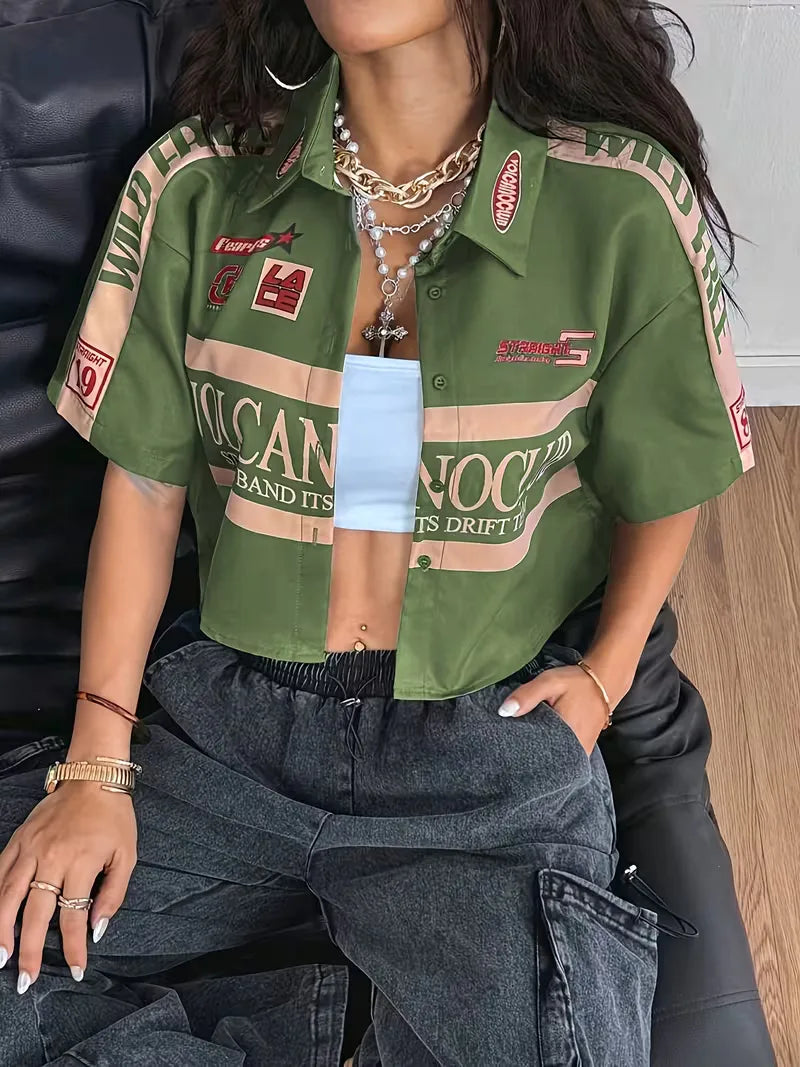 Cropped shirt with mandarin collar