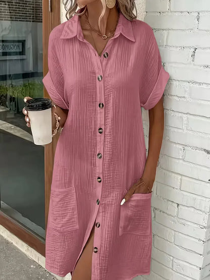 Shirt dress with V-neck and short sleeves