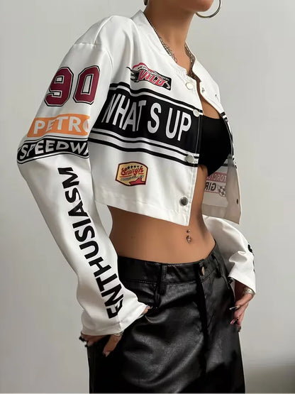 Bomber jacket with graphic text