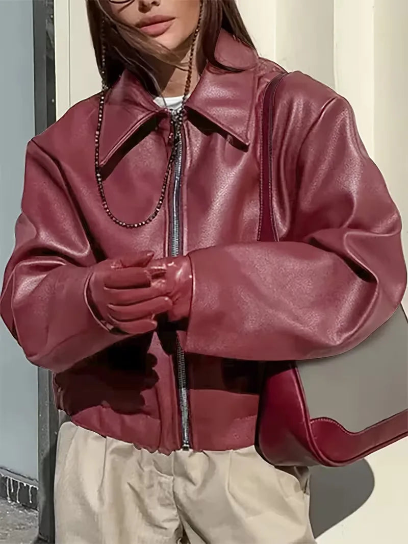 Leather jacket with wide collar