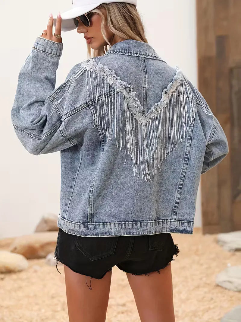 Denim Jacket with Sequin Fringe Detail
