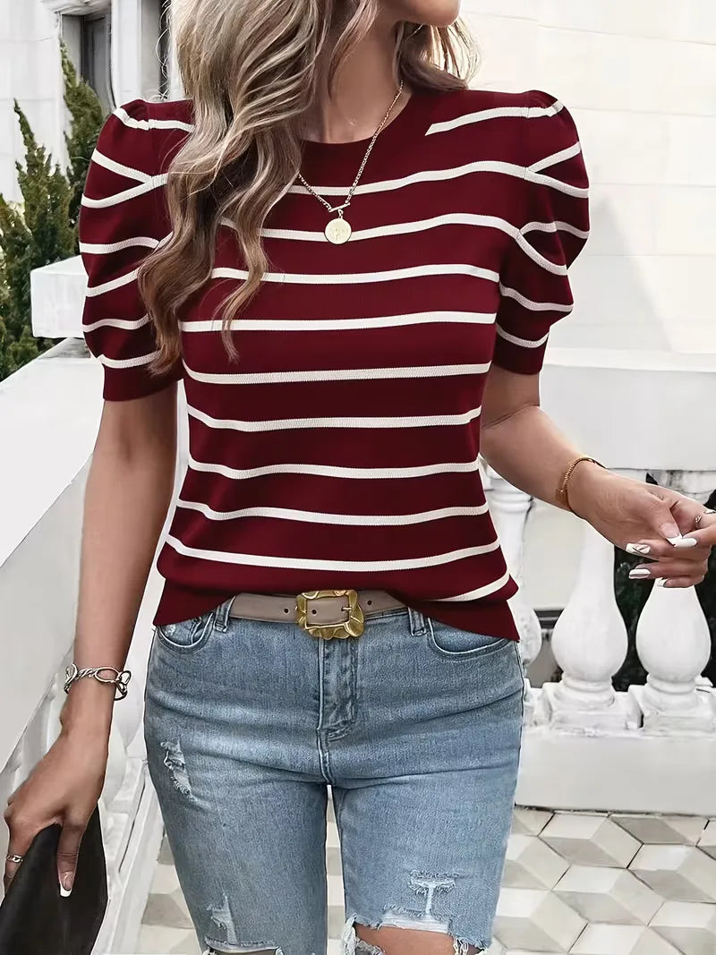 Ladies' T-shirt with Stripes and Puffed Sleeves