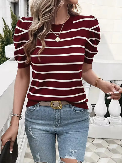 Women's striped T-shirt with puffed sleeves
