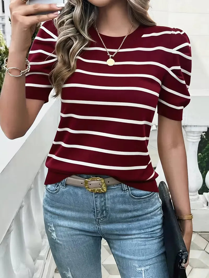 Women's striped T-shirt with puffed sleeves
