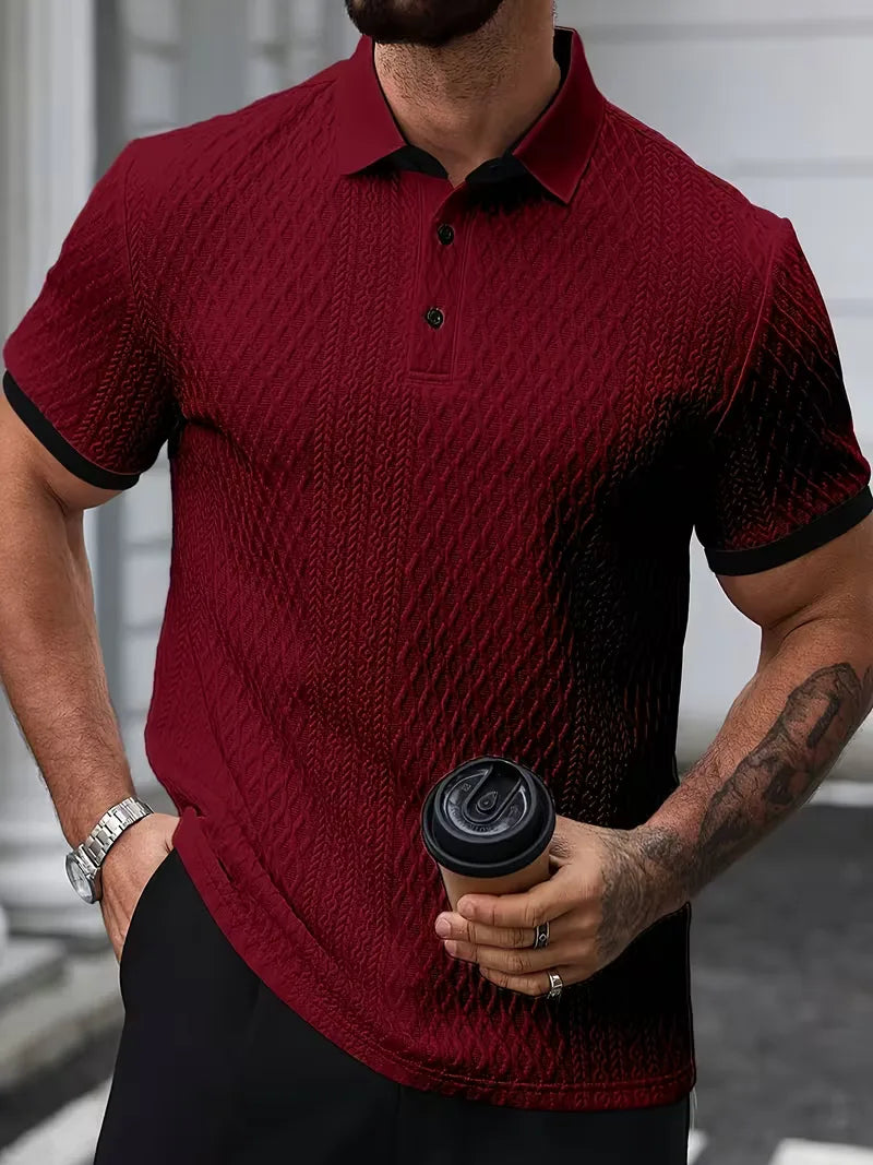 Polo with V-neck and jacquard pattern