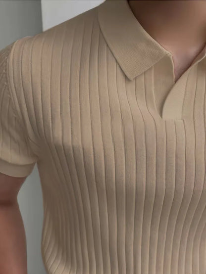 Polo with V-neck and ribbed texture