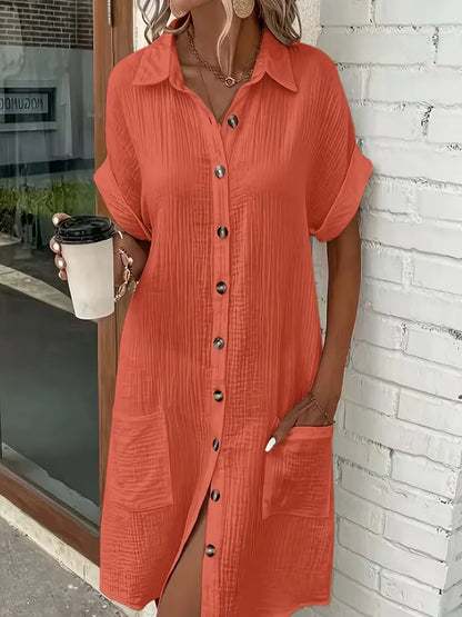 Shirt dress with V-neck and short sleeves