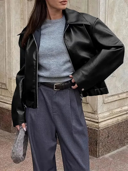 Leather jacket with wide collar