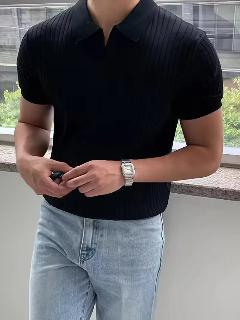 Polo with V-neck and ribbed texture