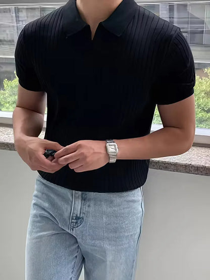 Polo with V-neck and ribbed texture