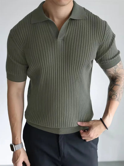 Polo with V-neck and ribbed texture