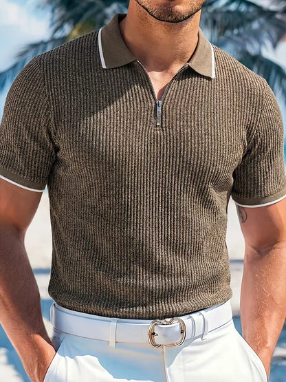 Polo with Zip Collar and Ribbed Texture