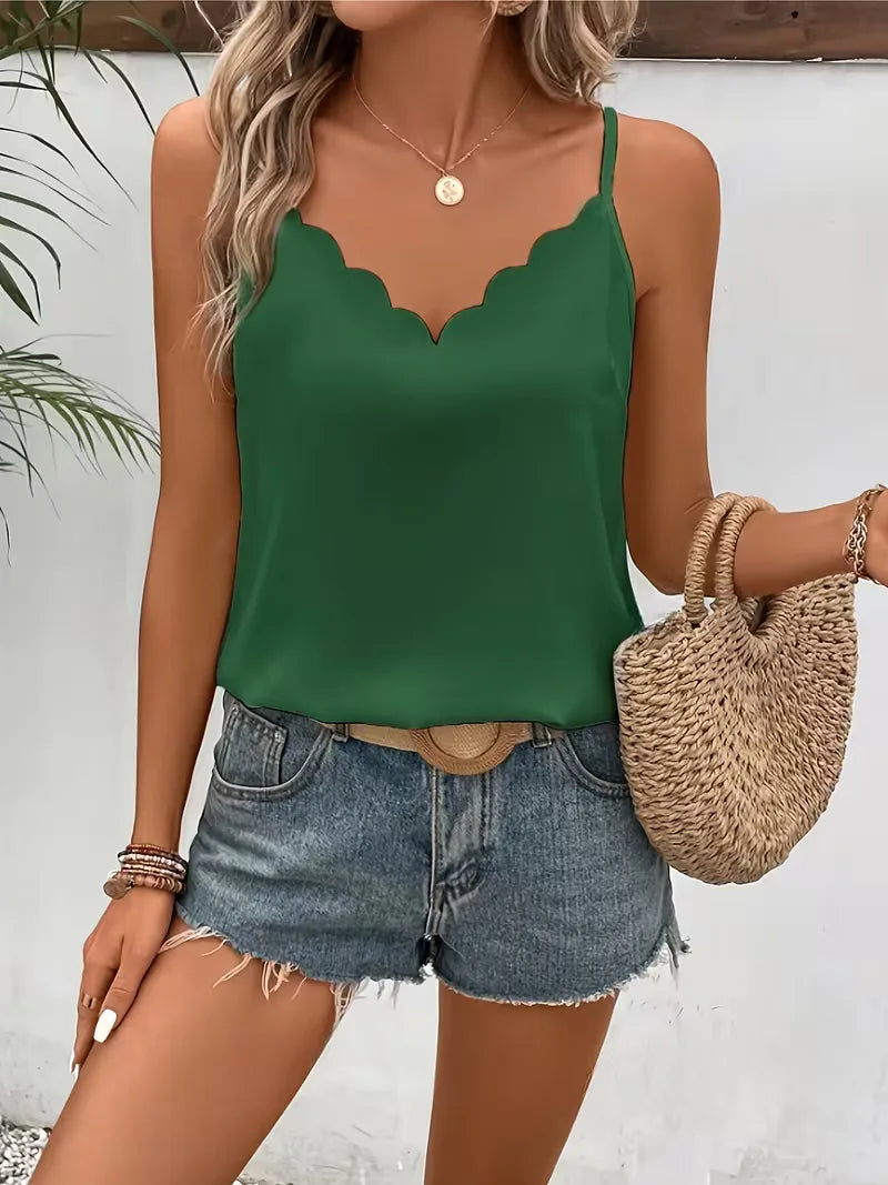V-neck tank top with scallop trim