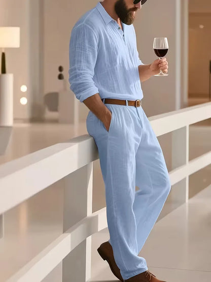Linen suit with mandarin collar
