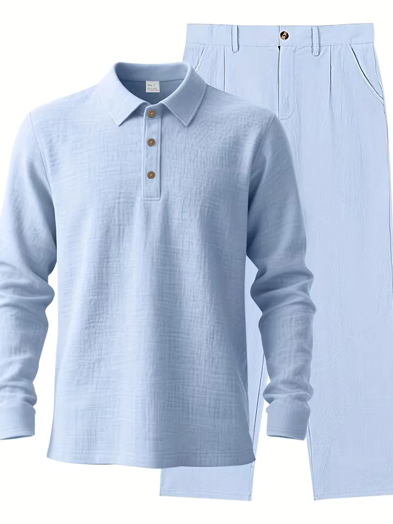 Linen suit with mandarin collar