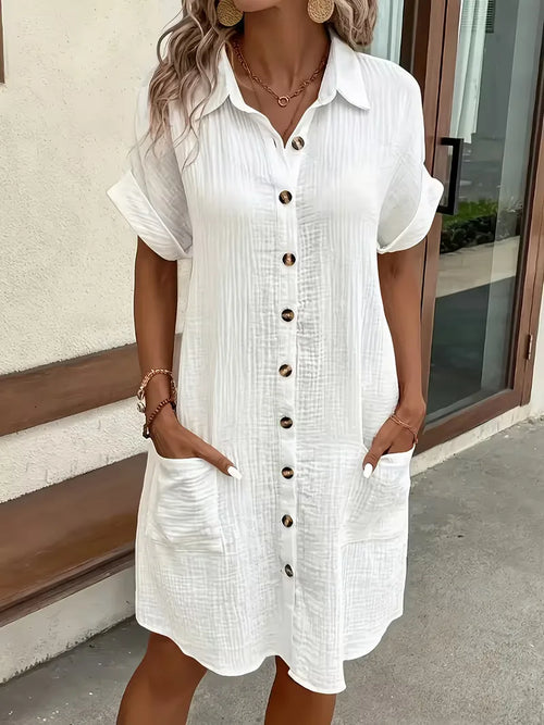 Shirt dress with V-neck and short sleeves