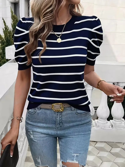Women's striped T-shirt with puffed sleeves