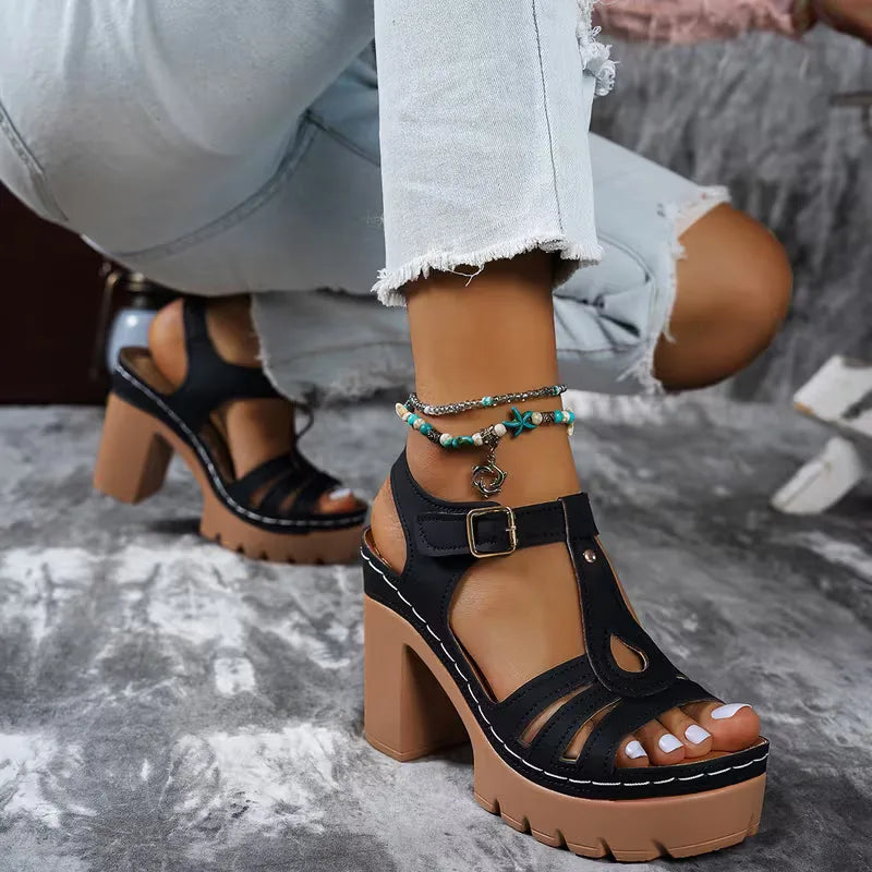 Heeled sandals with T-strap