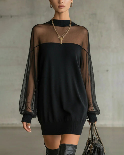 Casual patchwork dress with lantern sleeves