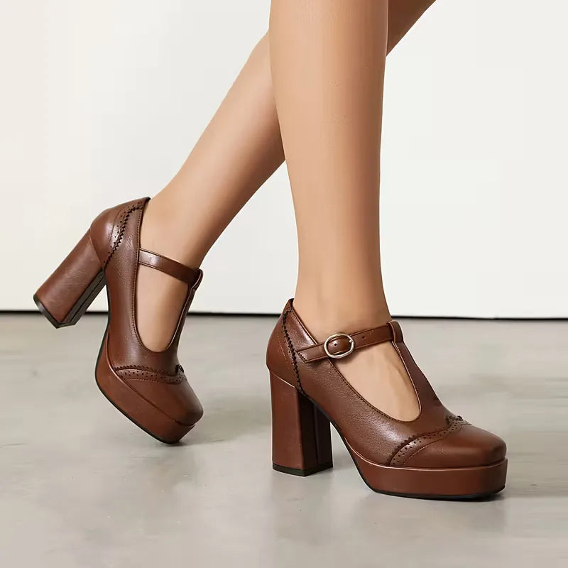 Block heel shoes with ankle strap