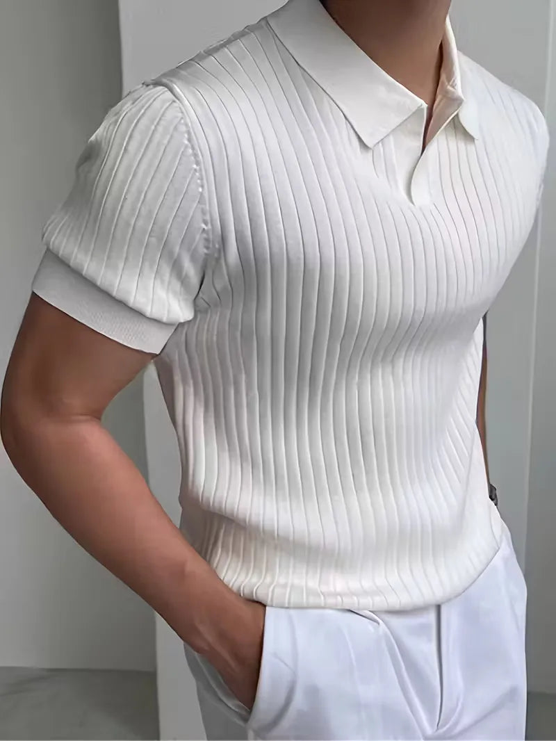 Polo with V-neck and ribbed texture
