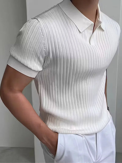 Polo with V-neck and ribbed texture