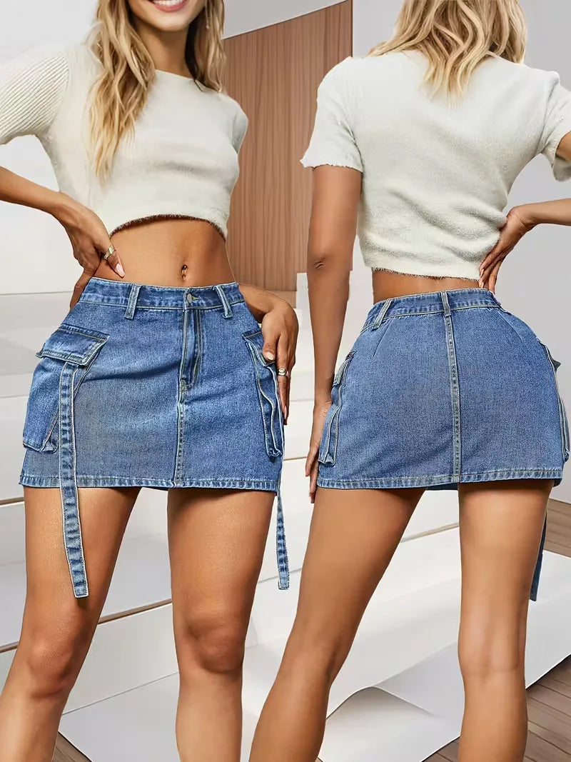 Denim skirt with flap pockets
