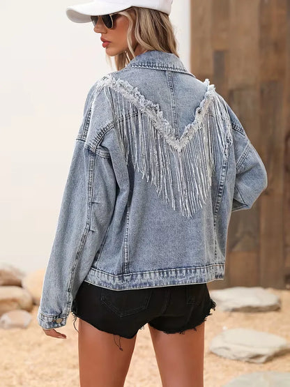 Denim Jacket with Sequin Fringe Detail