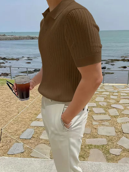 Polo with V-neck and ribbed texture