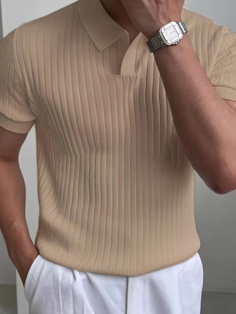 Polo with V-neck and ribbed texture