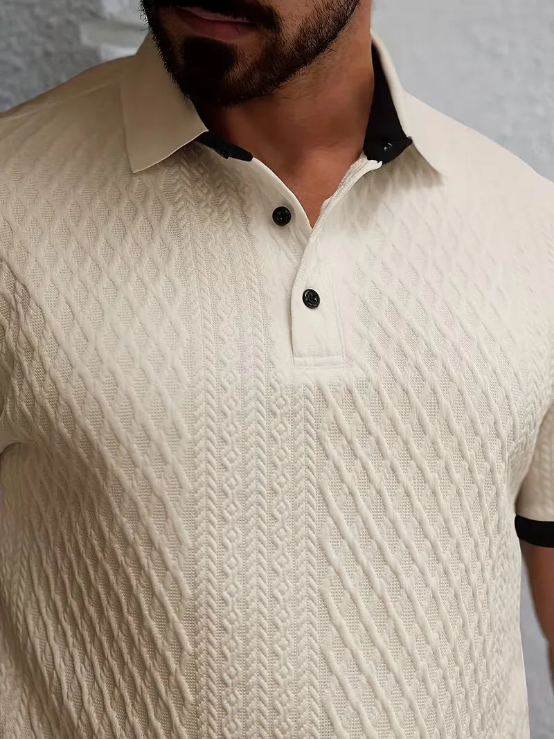 Polo with V-neck and jacquard pattern